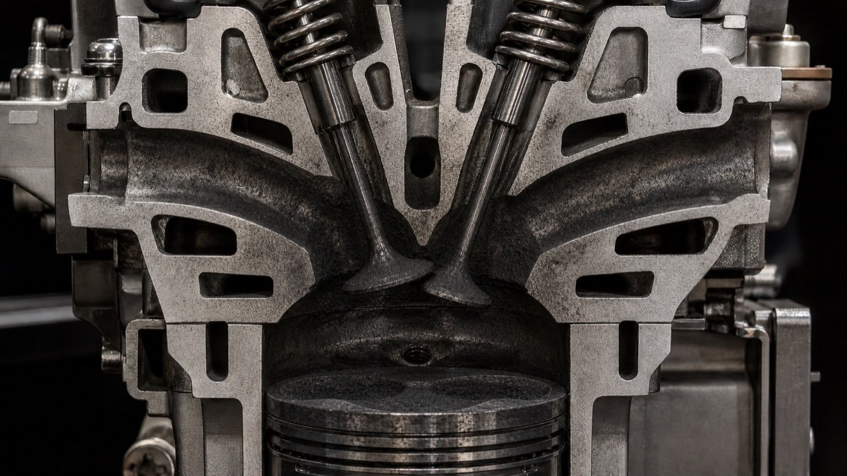 Engine valves and combustion chamber with heavy carbon deposits before decarbonisation