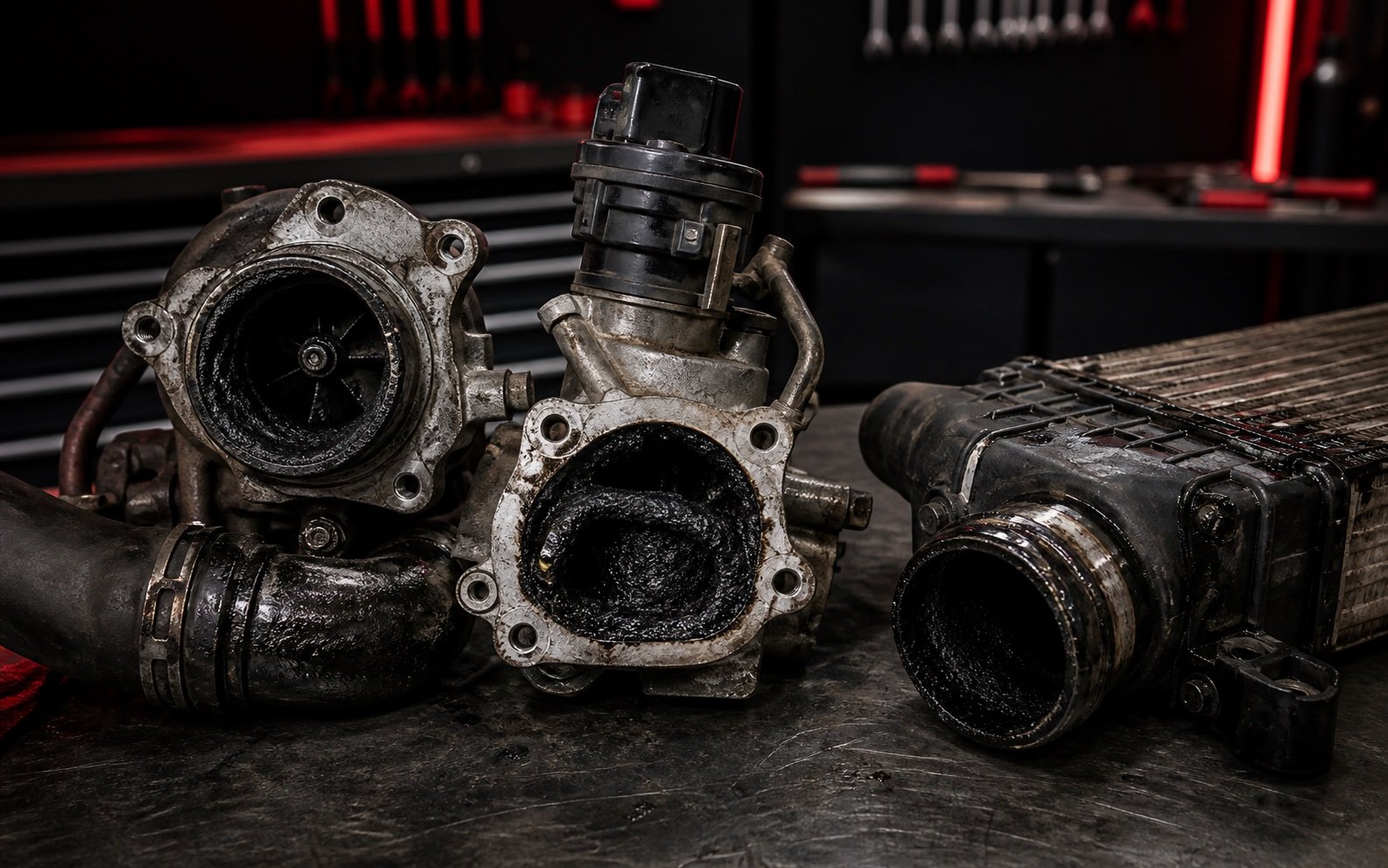Removed EGR valve, turbo inlet and intercooler charge-air components restricted by oily carbon deposits