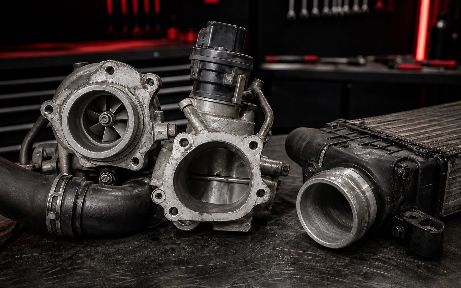 The same removed EGR, turbo inlet and intercooler charge-air components after deep cleaning