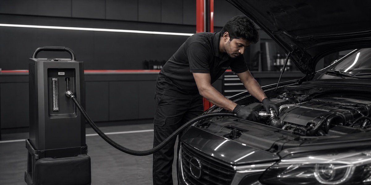 EngineRoom technician connecting HHO carbon-cleaning equipment to an engine
