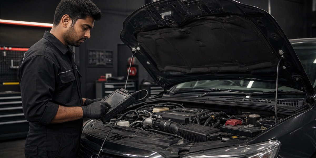 EngineRoom technician checking engine data with a diagnostic scan tool